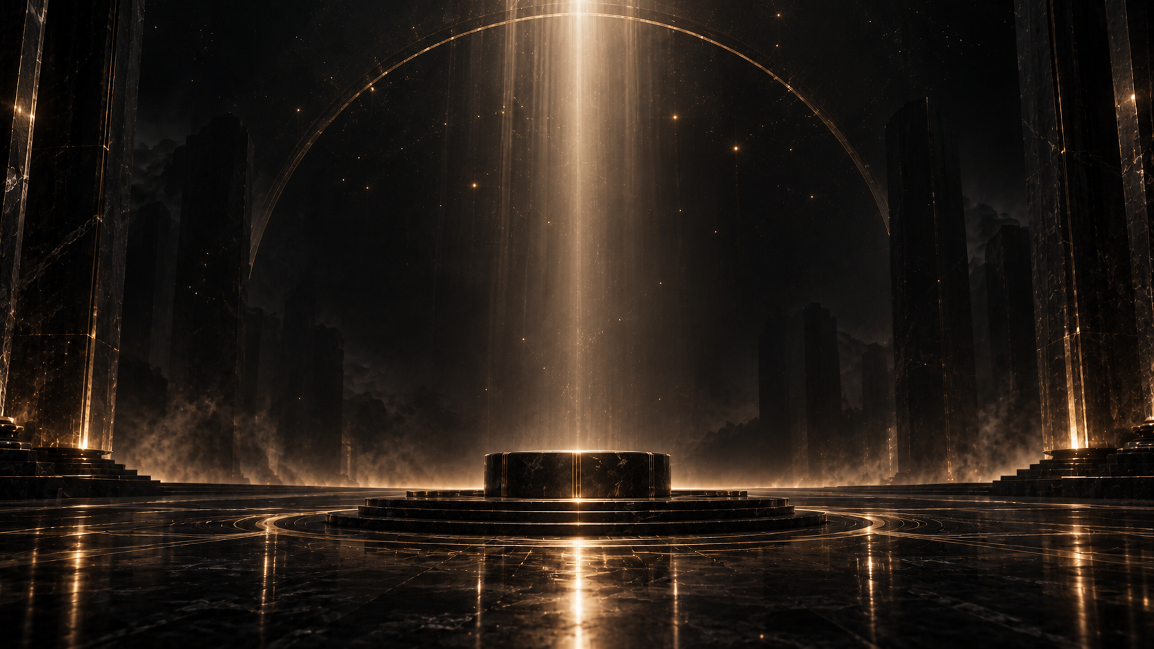 A shaft of golden light in a monumental dark sanctuary of time
