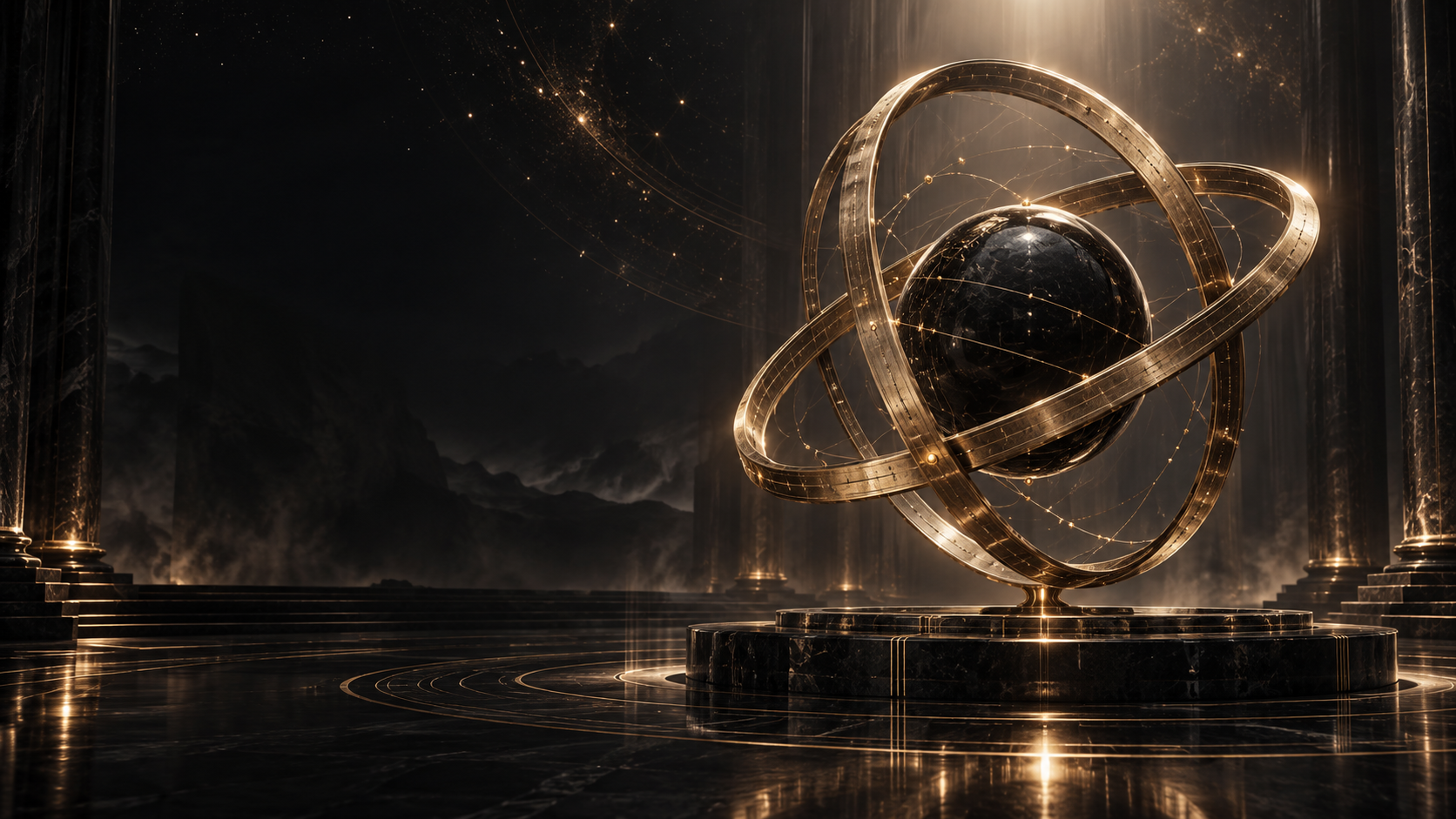 Three golden orbits surround an obsidian core in a monumental observatory of time